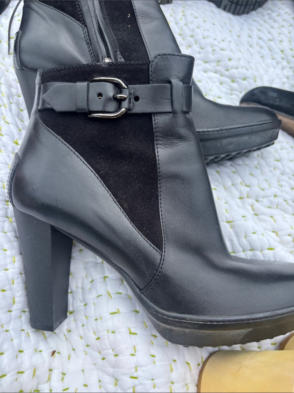 Tod's Black Leather and Suede Buckle Block Heel Ankle Boots